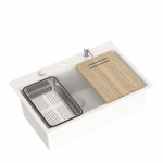 Virtuvės plautuvė su dozatoriumi, nuvarvėjimo indu, grotelėmis ir medine lenta Quadron BENEDICT 1, ZES-RFS011-01131X-WH, balta