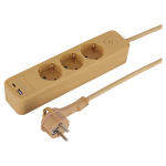 Buitinis ilgintuvas su įžeminimu, 3 x 1.5mm, 1.5m, 3 lizdų, USB A/C, smėlinis