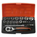 Galvučių, terk&scaron;lės ir priedų rinkinukas 4-13mm, antgaliai PH,HEX,TORX 1/4" 25vnt blisteryje. Bahco