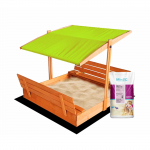 Impregnuota medinė smėlio dėžė su žalios spalvos stogeliu ir 250 kg smėlio, 120x120 cm