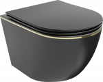 Pakabinamas klozetas Mexen Lena Rimless Slim Duroplast su lėtai nusileidžiančiu dangčiu, Black matt/Gold edge