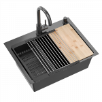 Virtuvės plautuvė su 1 dubenėlio sifonu b/o + Qmat + įdėklas + dozatorius + medinė lenta + mai&scaron;ytuvas su fiksuotu plieniniu snapeliu Quadron LUKE 110 WORKSTATION, ZH5845PVDBLM_3623500_PVDBLM