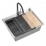 Virtuvės plautuvė su sifonu, 1 dubuo b/o + Qmat + įdėklas + dozatorius + medinė lenta + mai&scaron;ytuvas su lanksčiu plieniniu snapeliu Quadron LUKE 110 WORKSTATION, ZH5845BS_3323503BL