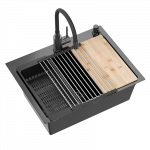 Virtuvės plautuvė su sifonu, 1 dubuo b/o + Qmat + įdėklas + dozatorius + medinė lenta + mai&scaron;ytuvas su lanksčiu plieniniu snapeliu Quadron LUKE 110 WORKSTATION, ZH5845PVDBLM_3323503PVDBLM