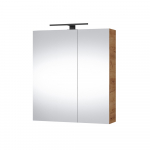 Pakabinama vonios spintelė su dviem veidrodinėm durelėm, LED &scaron;viestuvėliu ir ki&scaron;tukiniu lizdu Riva SV60C-2, Gold Craft Oak
