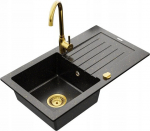 Granitinė virtuvinė plautuvė Mexen Pablo su mai&scaron;ytuvu ir sifonu, Metallic black/gold+Gold