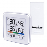 GreenBlue wireless weather station, temperature + humidity IN/OUT, clock + alarm + date, &deg;C / &deg;F selectable, range up to 60m,
