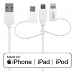 Kabelis DELTACO USB-C / Micro USB / Lightning į USB-A, 1m, Apple C189 chipsetm FSC ženklinta pakuotė, baltas / IPLH-441