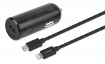 DELTACO USB automobilinis įkroviklis, 1x USB-C PD 20 W, 1 m Lightning laidas, juodas