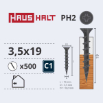 Medsraigtis, gk plok&scaron;tėms Haushalt PH2, 3.5 x 19 mm, pilka sp., 500 vnt.