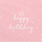 Popierinės servetėlės Party Deco Happy Birthday, 33 cm x 33 cm, balta sp./rožinė sp., 20 vnt.
