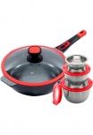 KING Keptuvė &raquo;Click-Grip&laquo; lieto aliuminio rinkinys 3 &Oslash;17.5 &Oslash;14.5cm &Oslash;12cm su Deckeln 1 keptuvė &Oslash;32cm su stiklinis dangtis 8 Stk. dalys Indukcinė su stiklinis dangtis nuimamas Pfannengriff 32 cm
