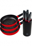 KING Keptuvių rinkinys &raquo;Shine Red&laquo; lieto aliuminio rinkinys je 1 Keptuvė &Oslash; 20/24/28 cm H: 5/55/6 cm - 1/19/25 l 3 Stk. dalys Indukcinė su 6-teiligem Stovas peiliams