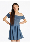 Tommy Jeans Tommy Džinsai midi ilgio suknelė &raquo;TJW CHAMBRAY forma & FLARE suknelė su papuo&scaron;imu in blauer trinto audinio imitacija