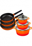 KING Puodų rinkinys &raquo;Shine Orange&laquo; rinkinys je 1 Puodas su Dangtis 18 /20/24 cm je 1 Keptuvė 20/24/28 cm 9 Stk. dalys lieto aliuminio