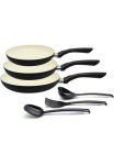 Elo - Meine K&uuml;che Keptuvių rinkinys &raquo;Prima Cucina 6 teilig&laquo; Aliumininis rinkinys 1x Keptuvė &Oslash; 20/24/28 cm 1x Grilio žnyplės 2x Stapelschutz 6 Stk. dalys Indukcinė