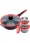 KING Keptuvė &raquo;Click-Grip&laquo; lieto aliuminio rinkinys 3 Dubenėliai &Oslash;17.5 &Oslash;14.5cm &Oslash;12cm su Deckeln 1 keptuvė &Oslash;28cm su Dangtis 8 Stk. dalys Indukcinė su stiklinis dangtis nuimamas Pfannengriff 28 cm
